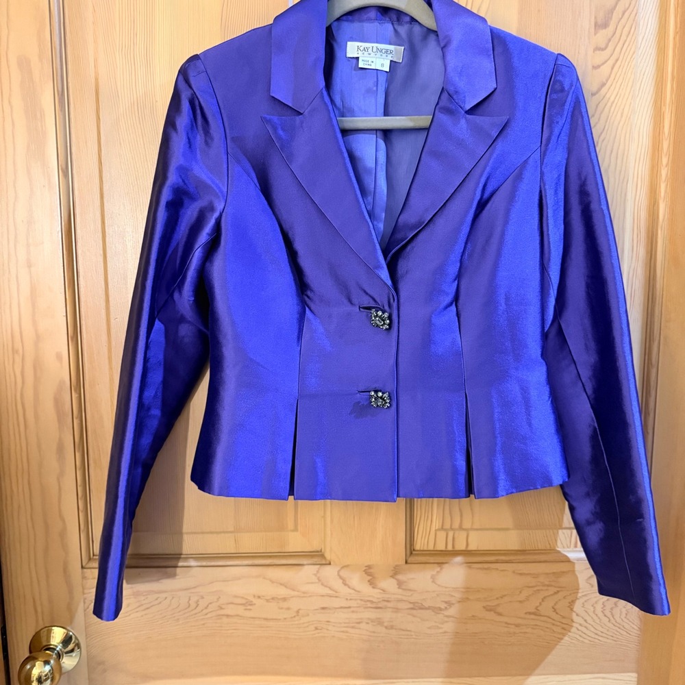 Kay Unger Blazer 8 Purple Silk Blend Rhinestone Back Bow Peplum Jacket Wedding